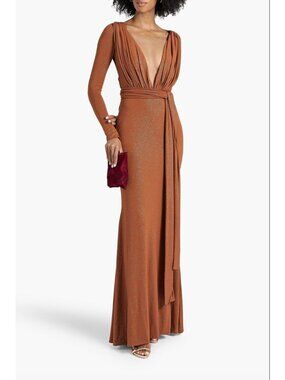 Rhea Costa Size 10 Brown Ruched Tulle Paneled Glittered Jersey Gown Front Slit